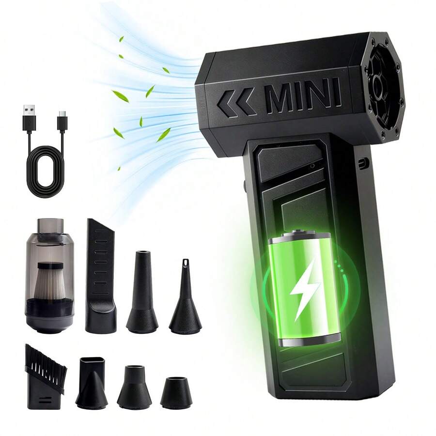 Mini soplador de polvo turbo, secador eléctrico portátil, ventilador de chorro turbo ajustable a 3 velocidades, soplador de nieve con luz LED, soplador potente recargable de alta velocidad, adecuado para automóvil, computadora, teclado, uso doméstico, soplado de hojas y al aire libre. - Negro - Ver 1