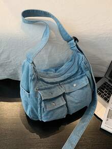 New Style Casual Solid-Color Multi-Pocket Jeans Crossbody Bag: Versatile, Large-Capacity Shoulder Bag, Crescent-Shaped Bag, Retro Hobo Bag-Perfect For Work, Commuting, Shopping, Travel, And Everyday Use - Blue - View 6