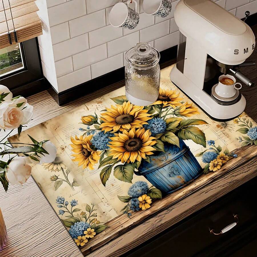 1pc Vintage Sunflower Pattern Absorbent Dish Drying Mat, Home Decor, Espresso Machine Countertop Absorbent Mat, Sink Drain Mat, Soft Faucet Absorbent Mat, Sink Cup Mat, Kitchen & Bathroom Accessories - Multicolor - View 1
