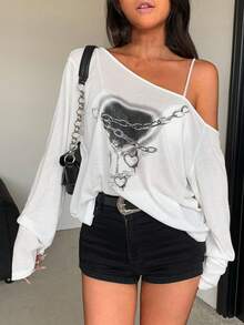 Oversized Off Shoulder Long Sleeve Top For Women, Asymmetrical Off Shoulder Halter Neck Long Sleeve T-Shirt, 100% Cotton - White - View 5