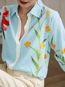 Women's Floral & Leaf Print Contrast Color Button-Front Casual/Office/Commute Shirt - Light Wash - View 4