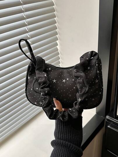 Starry Sky Series Korean Niche Large Capacity Pleated Tote Bag, New Ins Casual Versatile Shoulder & Crossbody Bag