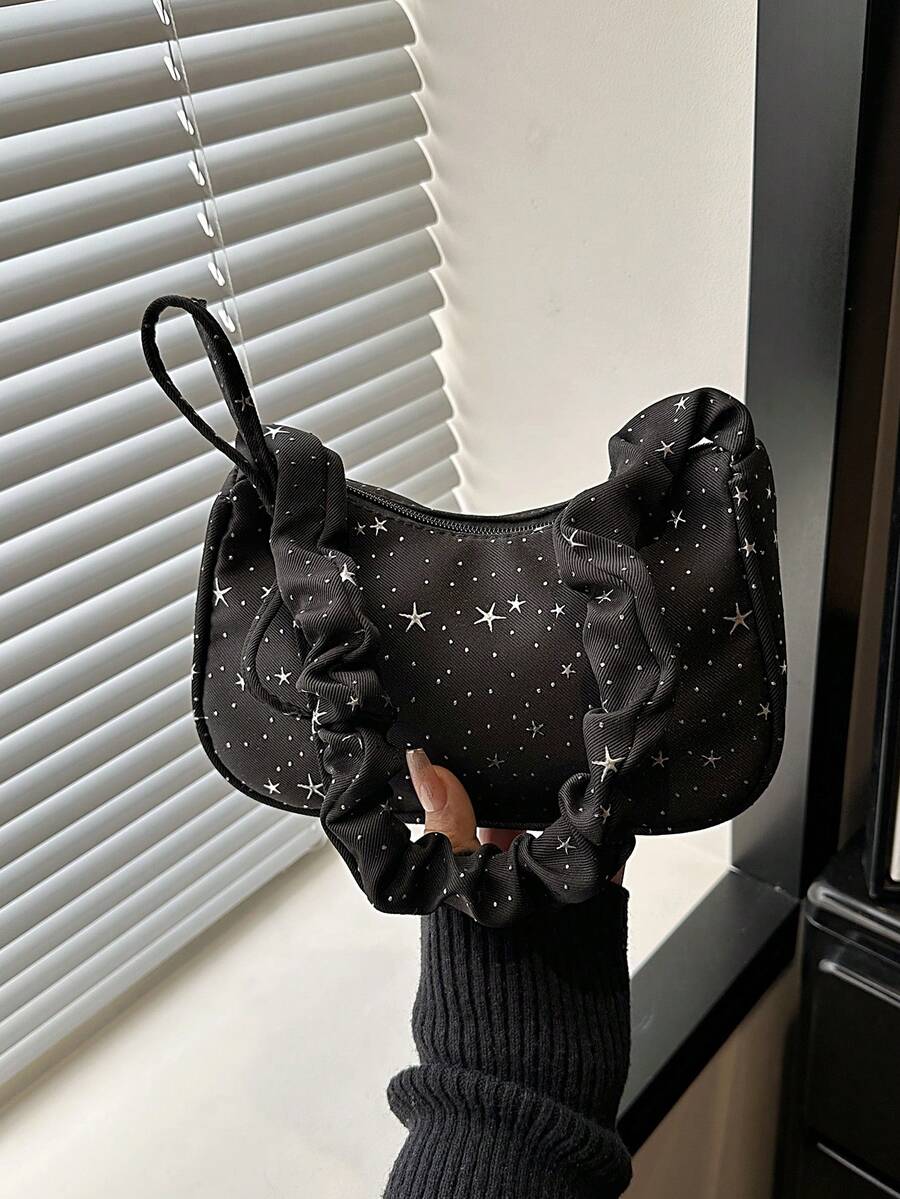 星空系列韩版小众大容量褶皱手提包，新款ins风休闲百搭单肩斜挎包 - 黑色 - 查看 1