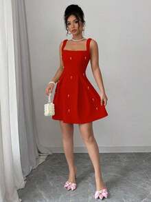 Vestido casual de mujer con parches de unicolor, tirantes anchos y cuentas - Rojo - Ver 5
