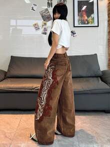 1件女士宽松刺绣阔腿牛仔裤，舒适休闲百搭高街牛仔裤（不含腰带/配饰） - 咖啡棕 - 查看 10
