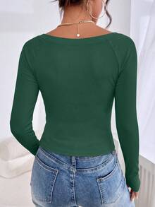 Women's Fall Long-Sleeve Shirt With Side Pleats Basic Boat Neck T-Shirt Casual Slim-Fit Ribbed Knit Cropped Top - Dark Green - View 5
