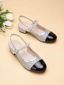 Girls Dress Shoes Slingback Heels Round Toe Pump For Little Big Kids Flower Party Wedding Princess - 銀色 - 查看 1
