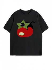 Women's T-Shirt With Tomato Print, Short Sleeve - Oversized, Loose-Fitting Summer Blouse With Round Neck, With Tomato, Fruit And Vegetable Motifs, Casual, Comfortable Leisurewear, Hand-Washable, Non-Stretch Fabric For Outfits In Hot Weather. - Black - View 1