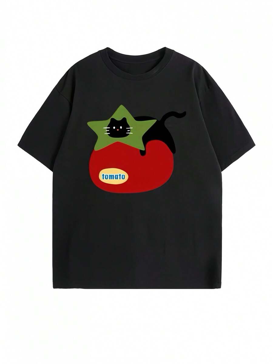 Women's T-Shirt With Tomato Print, Short Sleeve - Oversized, Loose-Fitting Summer Blouse With Round Neck, With Tomato, Fruit And Vegetable Motifs, Casual, Comfortable Leisurewear, Hand-Washable, Non-Stretch Fabric For Outfits In Hot Weather. - Black - View 1