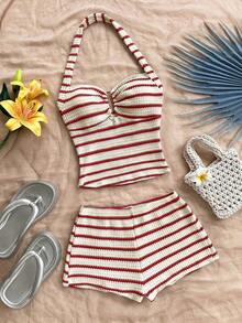 Conjunto de dos piezas para mujer con rayas azules y blancas, top halter de cuello al aire con textura de ganchillo y shorts cortos a rayas, estilo náutico y fresco, ideal para vacaciones de verano, playa, piscina, brunch, paseos costeros, fiestas en la playa y salidas casuales - Rojo y blanco - Ver 4