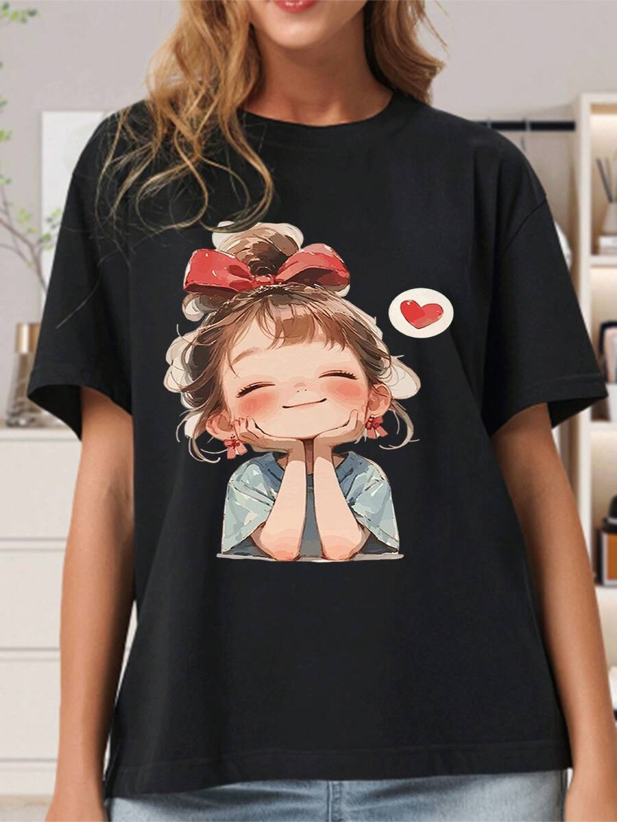 New And Modern Unisex Printed T-Shirt, Short Sleeves And Round Neck, Loose And Casual Fit, Comfortable And Breathable, Ideal For Everyday Use In Summer, Urban Clothing, Women's Clothing - Unisex Cotton Loose Short Sleeve Round Neck T-Shirt, Urban Vintage Style. - 黑色 - 查看 1