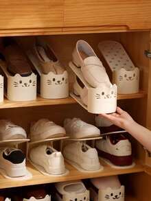 4pcs Adjustable Shoe Rack Double Layer Space Saving Shoe Organizer Solid Color Shoes Stand Closet Organization Storage Shelf, Cute Cat Shaped Double-Tier Shoe Rack Cabinet Storage Tool For Entryway Bedroom Hallway Home Storage Solution - Multicolor - View 2