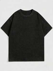 Vintage Washed Cotton-Shirt Oversized Crew Neck Soft Breathable Streetwear Essential Basic Tee,1 Pcs Street Life 1pc Street Style Vintage Washed Anime Graphic Print Short Sleeve Crew Neck Casual-Shirt 004-A210g% Cotton Soft - Black - View 2