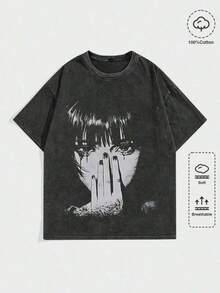 Vintage Washed Cotton-Shirt Oversized Crew Neck Soft Breathable Streetwear Essential Basic Tee,1 Pcs Street Life 1pc Street Style Vintage Washed Anime Graphic Print Short Sleeve Crew Neck Casual-Shirt 004-A210g% Cotton Soft - Black - View 1