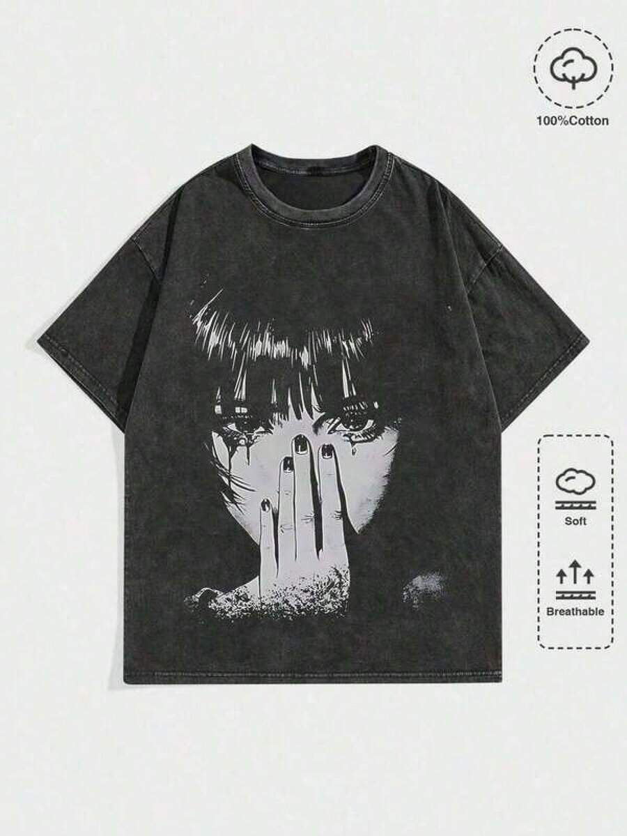 Vintage Washed Cotton-Shirt Oversized Crew Neck Soft Breathable Streetwear Essential Basic Tee,1 Pcs Street Life 1pc Street Style Vintage Washed Anime Graphic Print Short Sleeve Crew Neck Casual-Shirt 004-A210g% Cotton Soft - Black - View 1