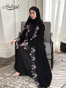 Hafizah 黑色重工花卉刺繡女款長版開襟衫，輕盈端莊風，修身顯瘦，適合日常通勤、宴會、度假，秋季百搭長袍 - 黑色 - 查看 1
