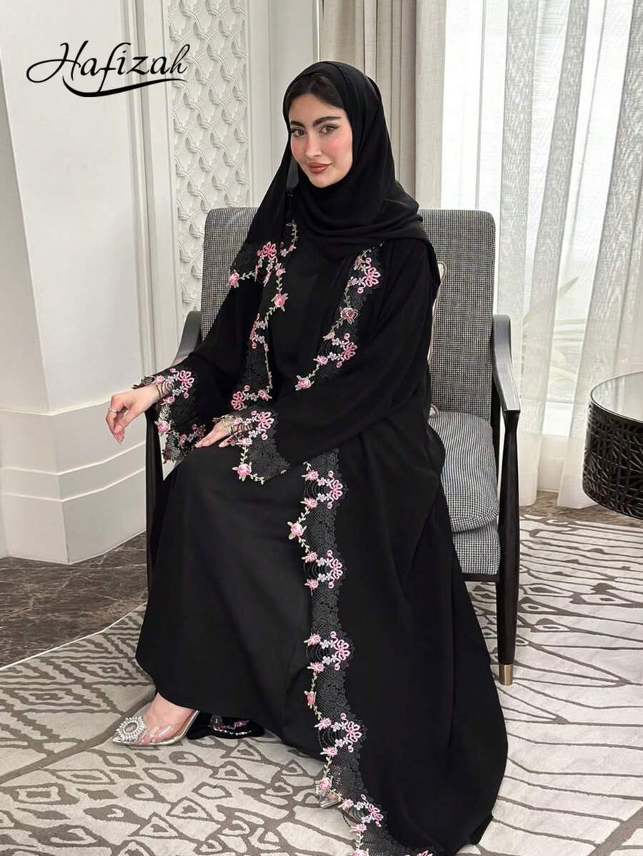 Hafizah 黑色重工花卉刺繡女款長版開襟衫,輕盈端莊風,修身顯瘦,適合日常通勤、宴會、度假,秋季百搭長袍 - 黑色 - 查看 1