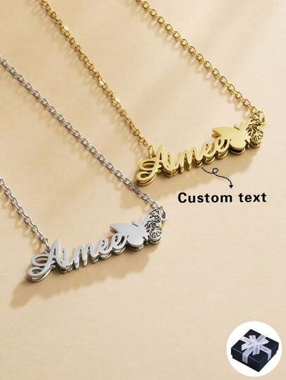 Personalized 12-Month Hollowed Out Butterfly Customized English Name And Letter Necklace, Stainless Steel Chain Personalized Necklace, Gift For Best Friends, Fashionable, Casual, Cute, Simple, Retro Customized, Fashion Gift For Girlfriends, Mothers, Family, Friends, Daughters, Mothers, Autumn, Simple, Casual, Retro, Unique, Ideal Gift For Girlfriends, Mothers, Family, Friends, Daughters, Anniversaries, Valentine's Day
