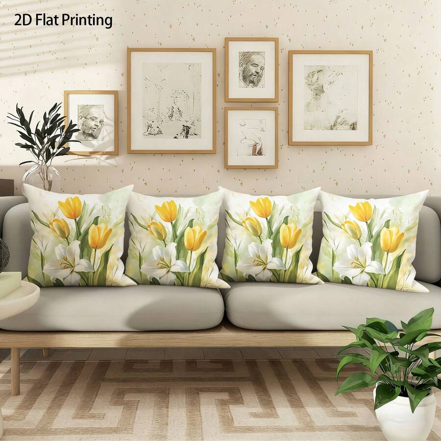1 Peça/4 Peças Capa de Almofada Estampada com Padrão de Tulipa, Impressão Unilateral, 40*40cm, 45*45cm, 50*50cm, Adequada para seu Sofá, Decoração da Sala de Estar, Adequada para Uso Diário - Multicolorido 3 - Visão 1