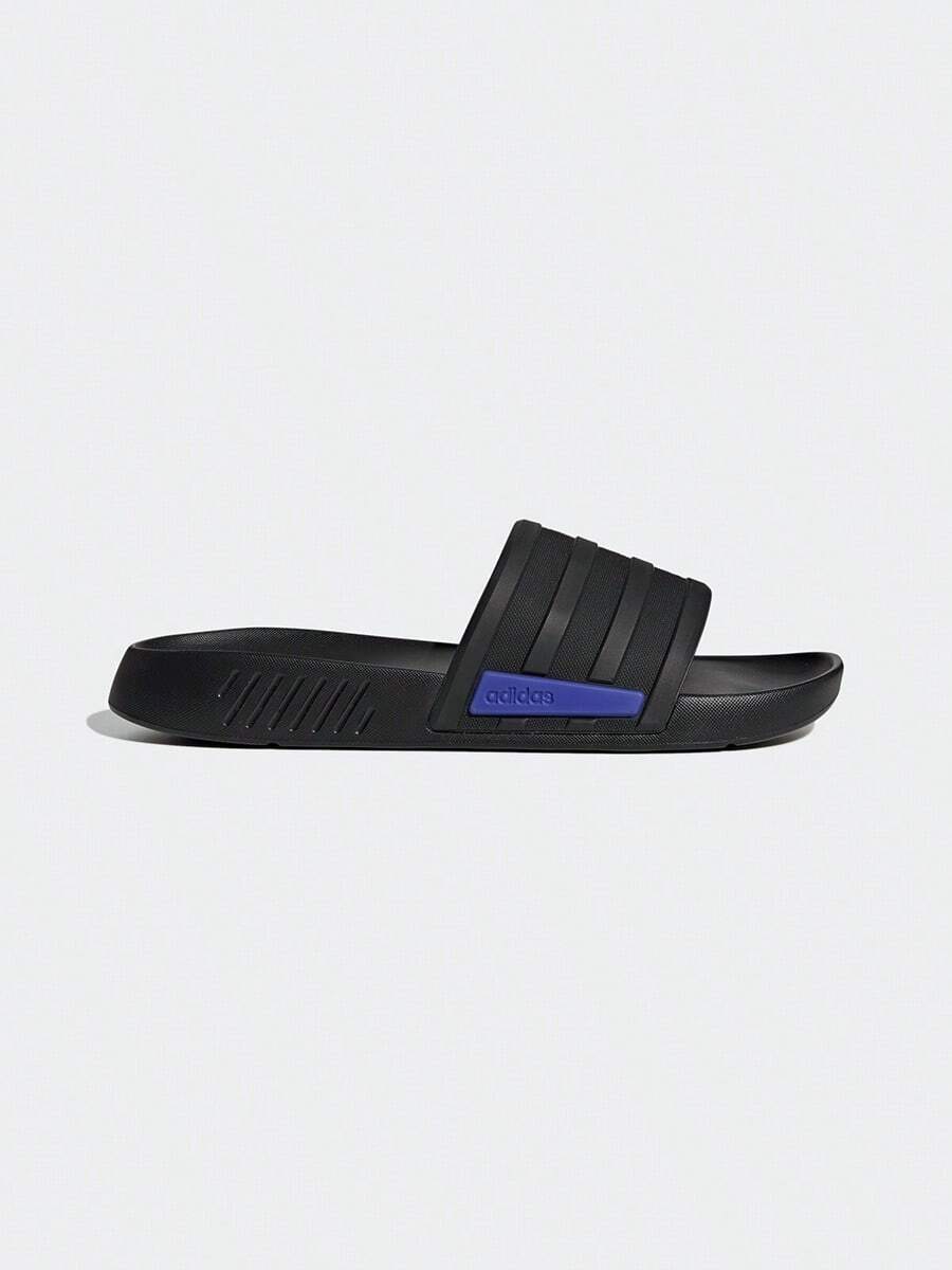 Adidas 男女皆宜的休闲舒适条纹拖鞋,适合春夏穿着 - 黑 - 查看 1