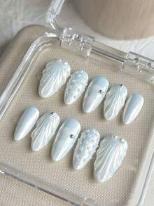 10 piezas de pegatinas de uñas hechas a mano, con forma de almendra blanca, cola de sirena, perla, patrón de rombo, adecuadas para estudiantes, damas de oficina, niñas, fiestas, vacaciones, todas las estaciones - Blanco - Ver 3