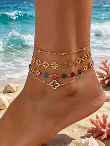 4pcs Minimalist Vintage Elegant Hollow Rhinestone Inlaid Four-Leaf Clover Anklet, Suitable For Beach, Party, Banquet And Daily Wear - Multicolor - View 8