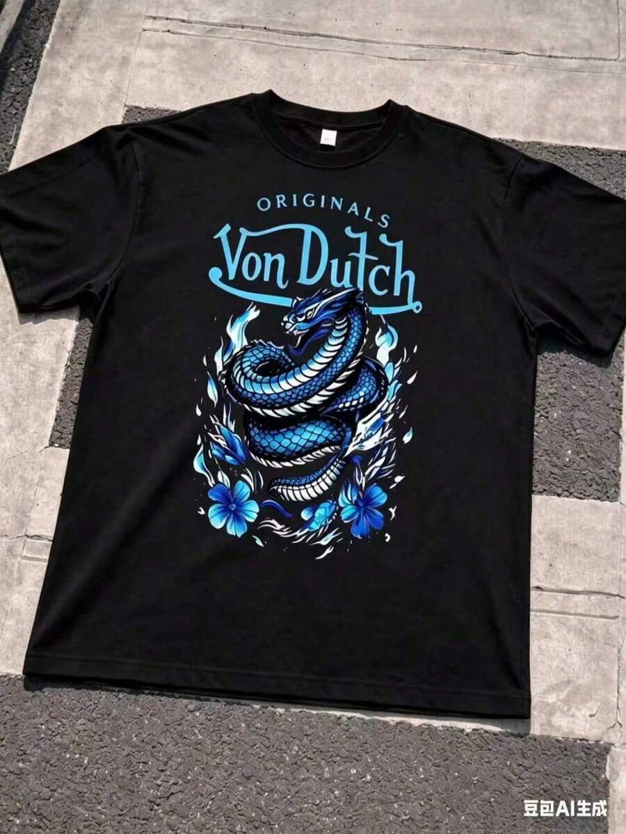 Cotton Graphic Tees, Tween Boys Summer Shirt, Kids Teen Girls Clothing, 1pcs Men Creative Short Sleeve Print T-Shirt & Shorts Set Blue Dragon And Flower Pattern With Vons Dutch Text Casual Wear Soft Fabric Breathable Print T-Shirt & Shorts Set2026 Unisex Casual Tops - màu đen - Xem 1