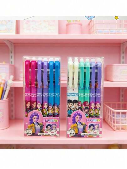 Hasbro Bộ 12/24 bút bi gel có thể xóa được hình nhóm săn phù thủy K-POP, ngòi 0.5mm viết trơn tru, văn phòng phẩm dành cho người hâm mộ, thích hợp cho năm học mới và làm quà tặng.