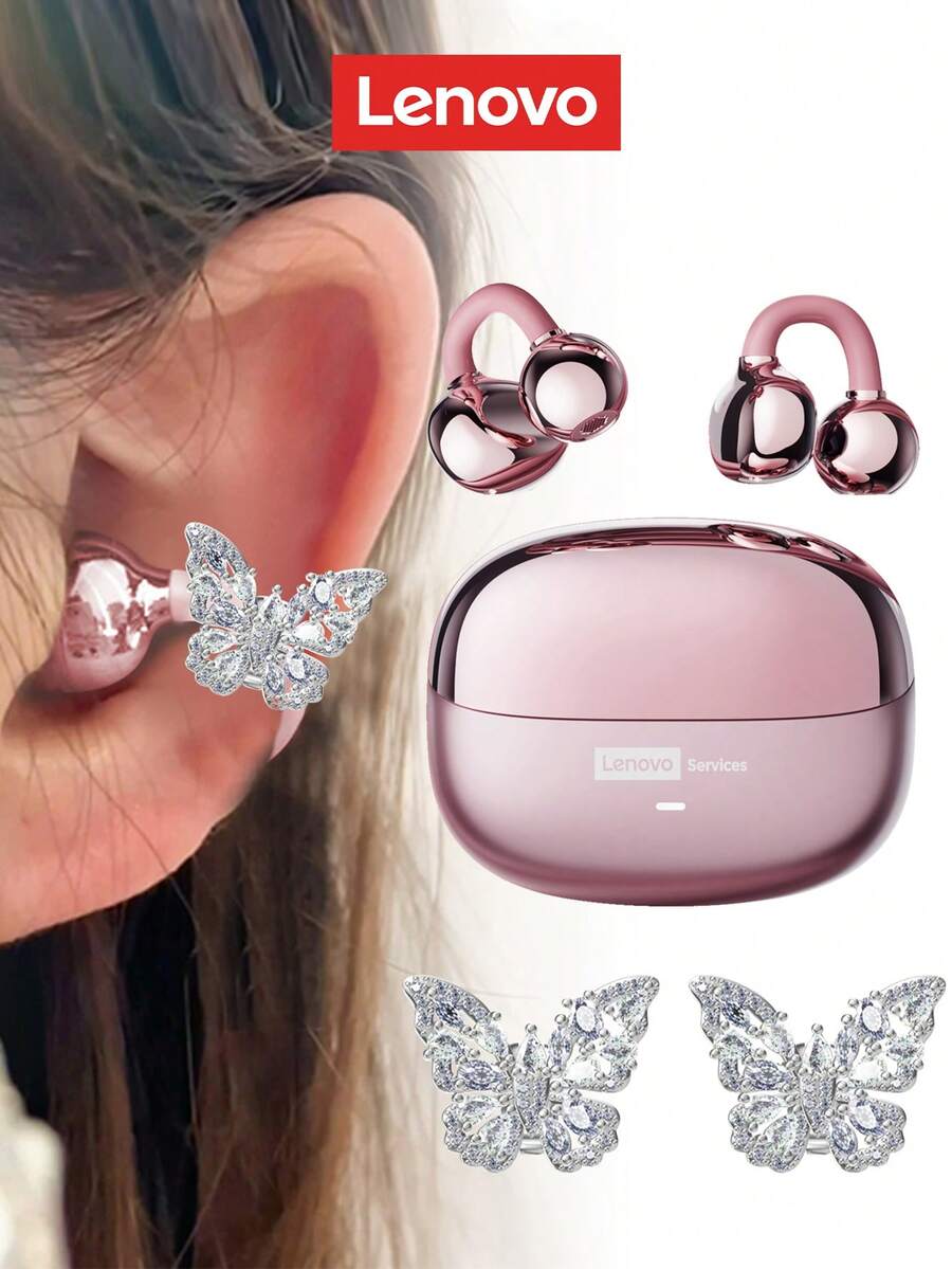 Lenovo LE302 Bluetooth Earphones With Butterfly Decor, Clip-On Surround Sound, High-Quality Audio, Low Latency, ENC Noise Cancellation, Comfortable Wear, No Ear Piercing Required, Fashionable Earphone Accessory, Gift For Women