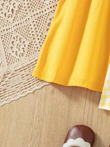 3pcs/Set Gaun Cami Motif Bunga untuk Bayi Perempuan + Gaun Cami Kancing Polos + Gaun Cami Patchwork Kancing Motif Kotak-kotak - Kuning - View 7