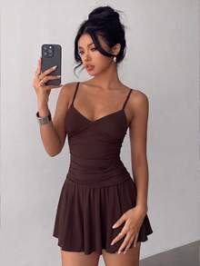 Women's Solid Color Knitted Ruched Double-Layer Dress With Built-In Safety Shorts, Sexy & Elegant For Commuting, Casual, Effortless Style Brown Summer - Brown - View 4