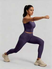 Conjunto básico de yoga New Peach, conjunto de ejercicios de intensidad media, a prueba de golpes y con buen soporte, conjunto de dos piezas para correr en interiores y hacer ejercicio. - Morado - Ver 3