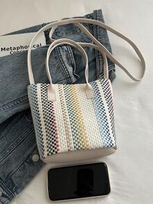 新款草编包，度假风沙滩包，女士单肩包，手工编织手提包，大容量手提包 - 白色 - 查看 8