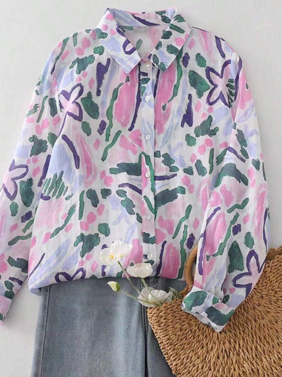 Kemeja Wanita Kasual untuk Liburan dengan Motif Cetak Seluruh Permukaan - ungu kemerahan - View 1