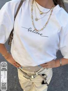 T-shirt décontracté pour femme blanc avec imprimé << Believe », épaules tombantes, manches courtes, col rond, top long en coton pour le streetwear quotidien, l'extérieur, Y2K - Blanc - Voir 7