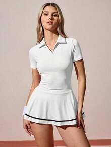 CourtClass Vestido deportivo casual de mujer con contraste de color en el cuello y mangas cortas, vestido de tenis de verano negro con bolsillos, vestido de tenis de manga corta para mujer, vestido de tenis, falda pantalón deportiva - Blanco - Ver 5