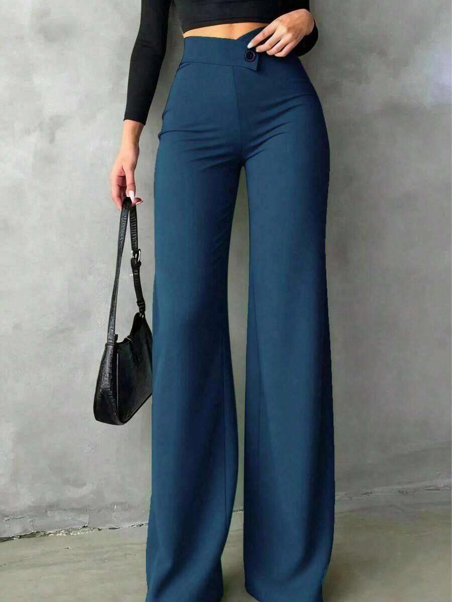 Elegant And Casual Black Straight-Leg Trousers For Women, Summer Pants With An Asymmetrical V-Shaped Waist To Accentuate Curves, Suitable For School, Daily Wear, And Work. - 霧綠 - 查看 1