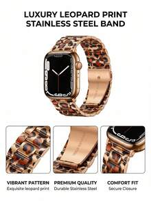 1条男女通用时尚豹纹表带，兼容 38mm、40mm、41mm、42mm、44mm、45mm、46mm、49mm，玫瑰金饰边不锈钢表带，时尚印花表带，兼容 Series Ultra 11、10、9、8、7、SE3、6、5、4、3、2、1，时尚智能表带，表带配件，手表配件替换腕带，送给女性的绝佳礼物，适合派对、日常、旅行，礼品 - 豹紋 - 查看 5