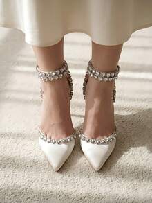 Women's Rhinestone Studded Strap Pumps Ankle Strap Stiletto High Heels Pointed Toe Sandals Dress Shoes For Ladies Bridal Dance - 白色 - 查看 5