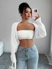 Bolero de punto para mujer, color blanco, manga larga holgada, ideal para combinar con tops y vestidos en primavera y verano - Camel - Ver 10
