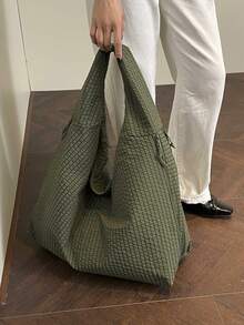 2026 Spring/Summer New Green Plaid Large Capacity Multi-Pocket Shoulder Underarm Tote Bag - Army Green - View 5