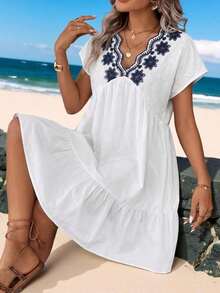 Vestido corto casual de vacaciones románticas de playa rosa para mujer en verano - Multicolor - Ver 5