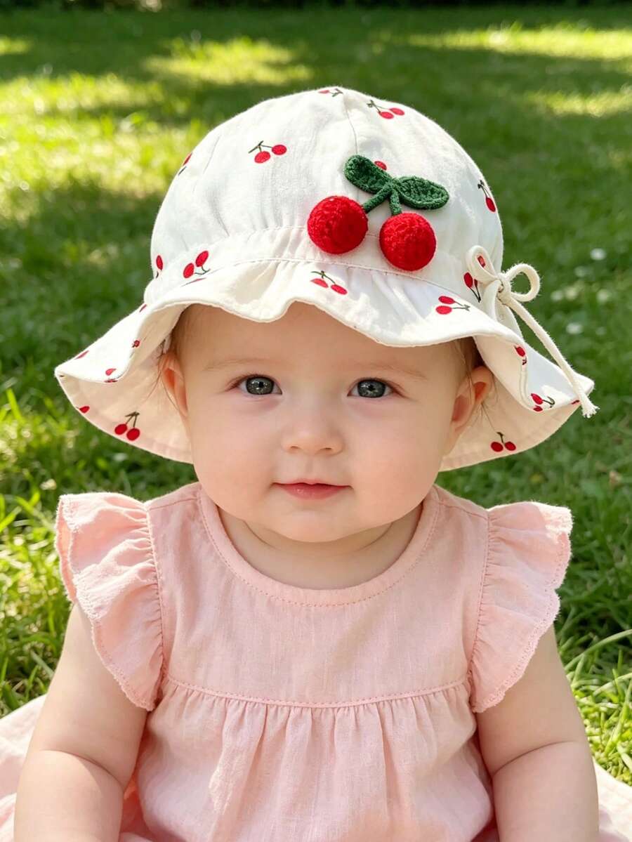 1件嬰兒櫻桃刺繡遮陽帽,幼兒女童可愛3D櫻桃貼花遮陽帽,透氣寬帽簷可調節抽繩帽,適合夏季戶外、嬰兒沙灘及日常穿著 - 1PC - 查看 1
