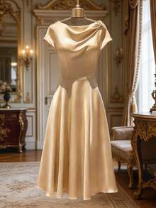 Women's Casual Elegant Versatile Solid Color Design Draped Cowl Neck Set-In Sleeves Slim Fit Back Zipper Closure Defined Waistline Flared A-Line Hem Midi Dress, Spring Summer - Champagne - View 3