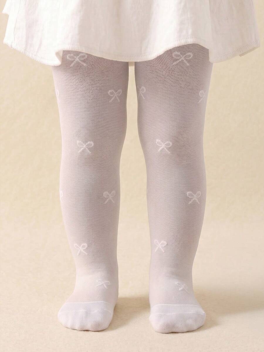 Quần tất cho bé 0-3 tuổi - 1 chiếc, kiểu dáng thời trang với nơ, chất liệu lưới jacquard, hoàn hảo cho trang phục ngày lễ phong cách boho. - trắng - Xem 1