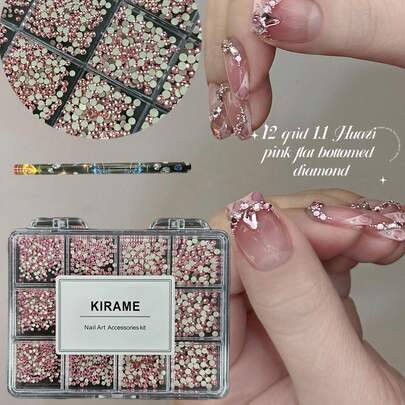  KIRAME 1800pcs Pink Flat Round Rhinestones, High Quality - Manicure Crystal Diamond Set, Includes 1 Dotting Pen, 1.5-3.2mm Shiny Nail Gems, Suitable For DIY Nails At Home, Nail Salons, Nail Suppliers, Christmas, New Year, Valentine's Day, Mother's Day Gifts, Holiday Gifts