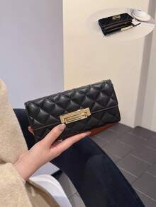 Women's Rhombus Embroidery Soft Clutch Wallet, Multi-Card Slots, Multifunctional Long Tri-Fold Purse - Black - View 1