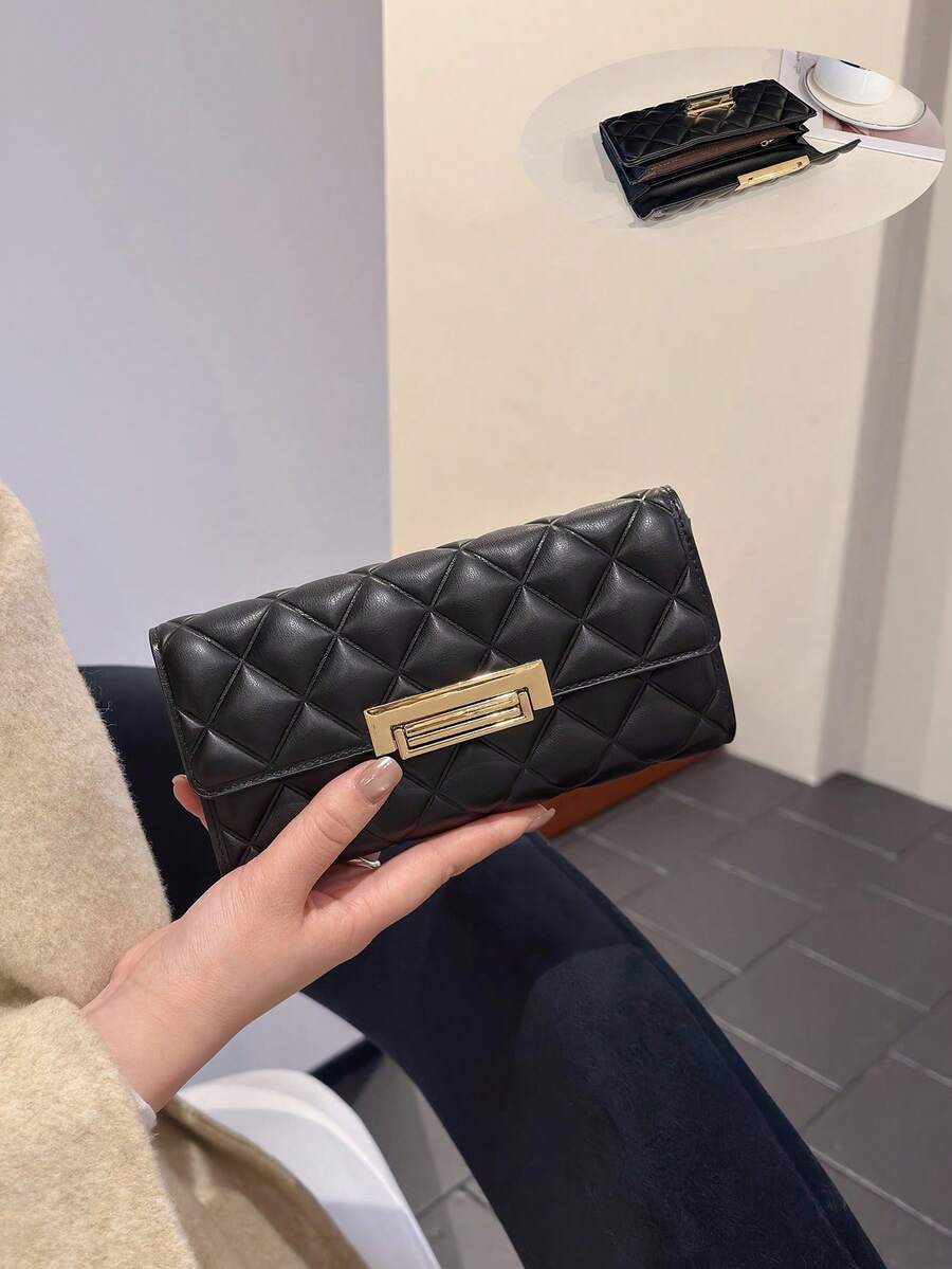 Women's Rhombus Embroidery Soft Clutch Wallet, Multi-Card Slots, Multifunctional Long Tri-Fold Purse - Black - View 1