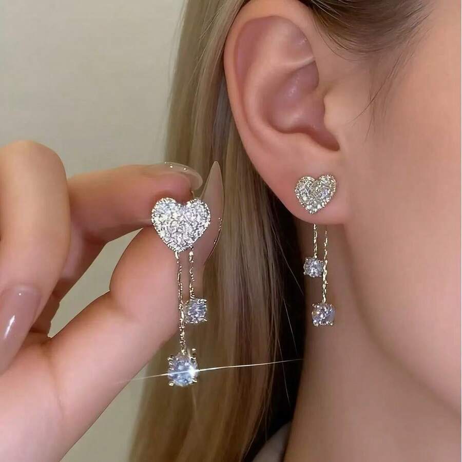 2 đôi bông tai đối xứng đính đá lấp lánh hình trái tim đơn giản, quà tặng hẹn hò cho nữ nhân dịp kỳ nghỉ. - Vàng - Xem 1