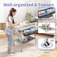 2 In 1 Baby With Changing Table, Waterproof Diaper Changing Station Portable Changing Table Adjustable Height Nursery Organizer With Storage Racks For Newborn Infant Toddler - 灰米色-2 - 查看 4